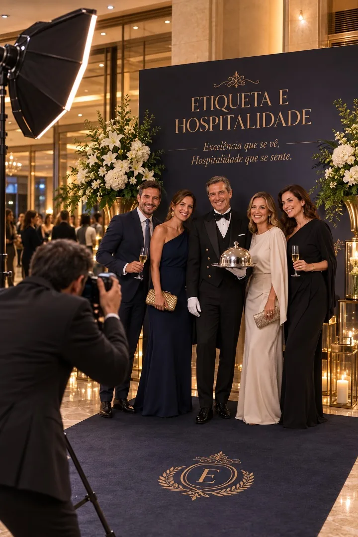 Convidados fotografados diante do backdrop Etiqueta e Hospitalidade