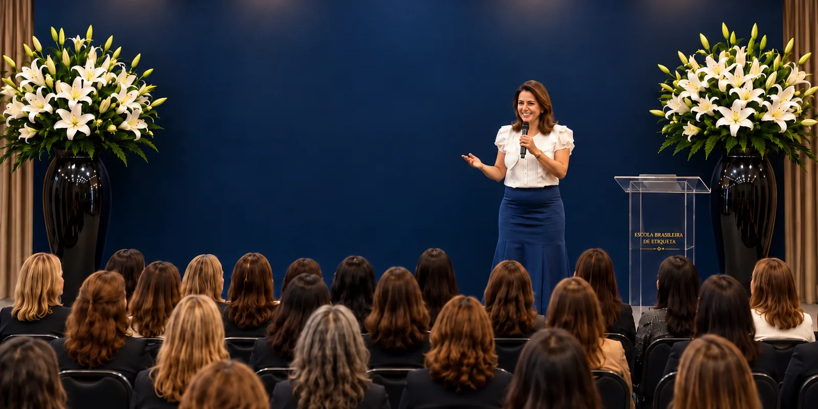 Patricia Junqueira no palco de um evento da Escola Brasileira de Etiqueta, diante da plateia